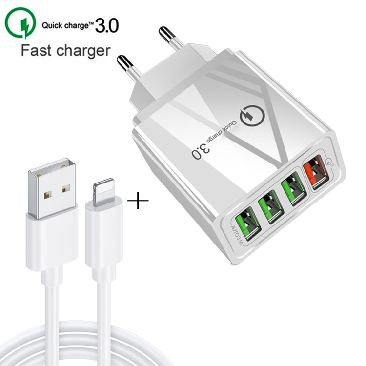 2 in 1 1m USB to 8 Pin Data Cable + 30W QC 3.0 4 USB Interfaces Mobile Phone Tablet PC Universal Quick Charger Travel Charger Set, EU Plug(White) - USB Charger by buy2fix | Online Shopping UK | buy2fix