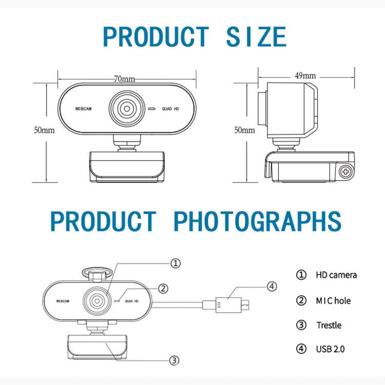 B1 4 Million Pixels 2K Resolution HD 1080P 360 Degrees Rotation Webcam with Mic & Tripod - Computer & Networking by buy2fix | Online Shopping UK | buy2fix