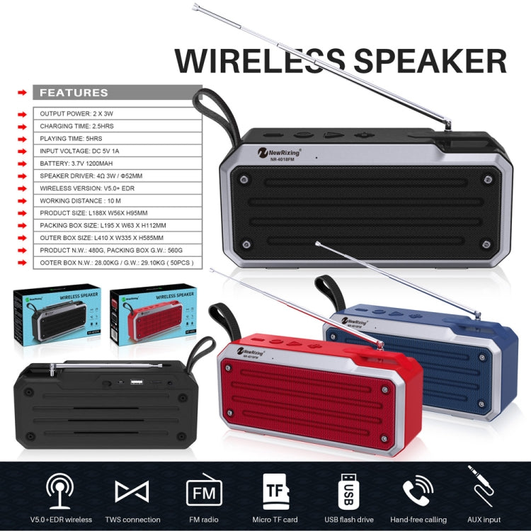 NewRixing NR4018FM TWS Portable Stereo Bluetooth Speaker, Support TF Card / FM / 3.5mm AUX / U Disk / Hands-free Call(Blue) - Mini Speaker by New Rixing | Online Shopping UK | buy2fix