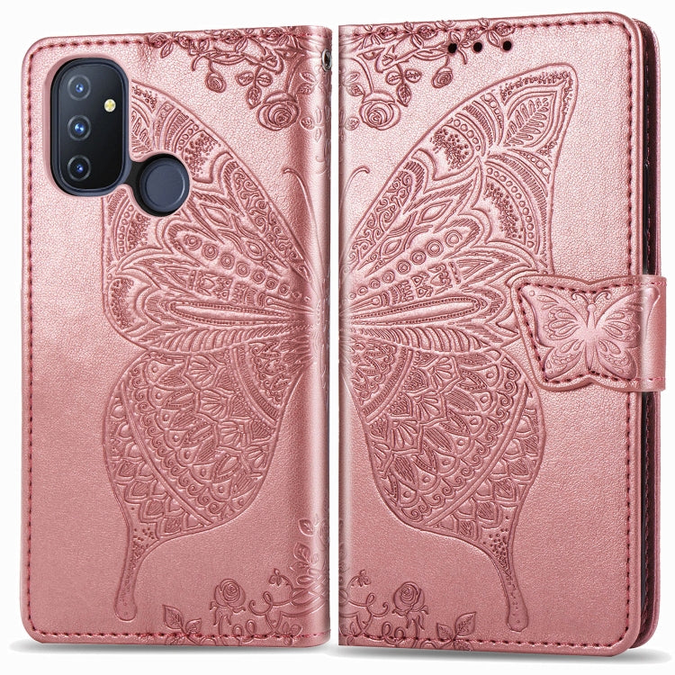 For OnePlus Nord N100 Butterfly Love Flower Embossed Horizontal Flip Leather Case with Bracket / Card Slot / Wallet / Lanyard(Rose Gold) - OnePlus Cases by buy2fix | Online Shopping UK | buy2fix