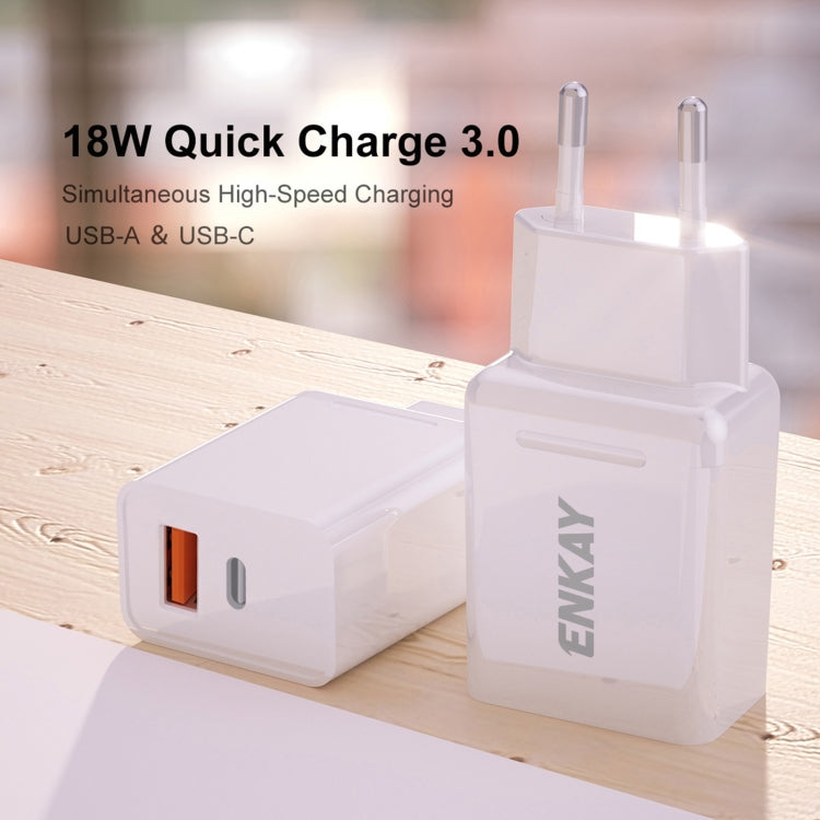 ENKAY Hat-Prince T030 18W 3A PD + QC3.0 Dual USB Fast Charging Power Adapter EU Plug Portable Travel Charger With 1m 3A Type-C Cable - USB Charger by ENKAY | Online Shopping UK | buy2fix