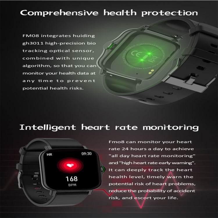 FM08 1.69 inch Color Screen Smart Watch IP67 Waterproof,Support Heart Rate Monitoring/Blood Pressure Monitoring/Blood Oxygen Monitoring/Sleep Monitoring(Black) - Smart Wear by buy2fix | Online Shopping UK | buy2fix