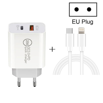 20W PD Type-C + QC 3.0 USB Interface Fast Charging Travel Charger with USB-C / Type-C to 8 Pin Fast Charge Data Cable EU Plug - USB Charger by buy2fix | Online Shopping UK | buy2fix