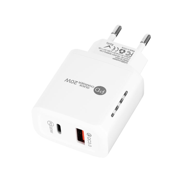 TE-PD01 PD 20W + QC3.0 USB Dual Ports Quick Charger with Indicator Light, EU Plug(White) - Apple Accessories by buy2fix | Online Shopping UK | buy2fix