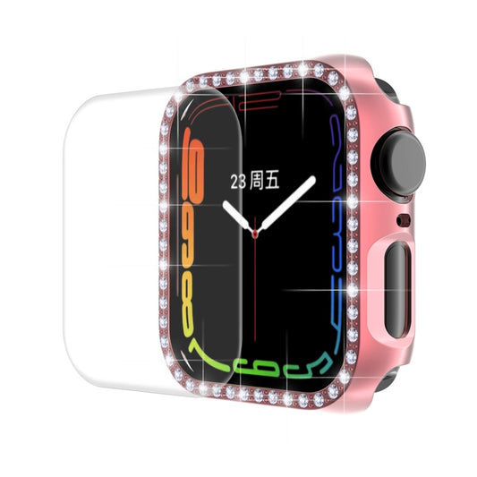 ENKAY Hat-Prince Electroplate PC Diamond Watch Case + Full Coverage Curved PET Screen Protector Film For Apple Watch Series 8 / 7 41mm(Pink) - Watch Cases by ENKAY | Online Shopping UK | buy2fix