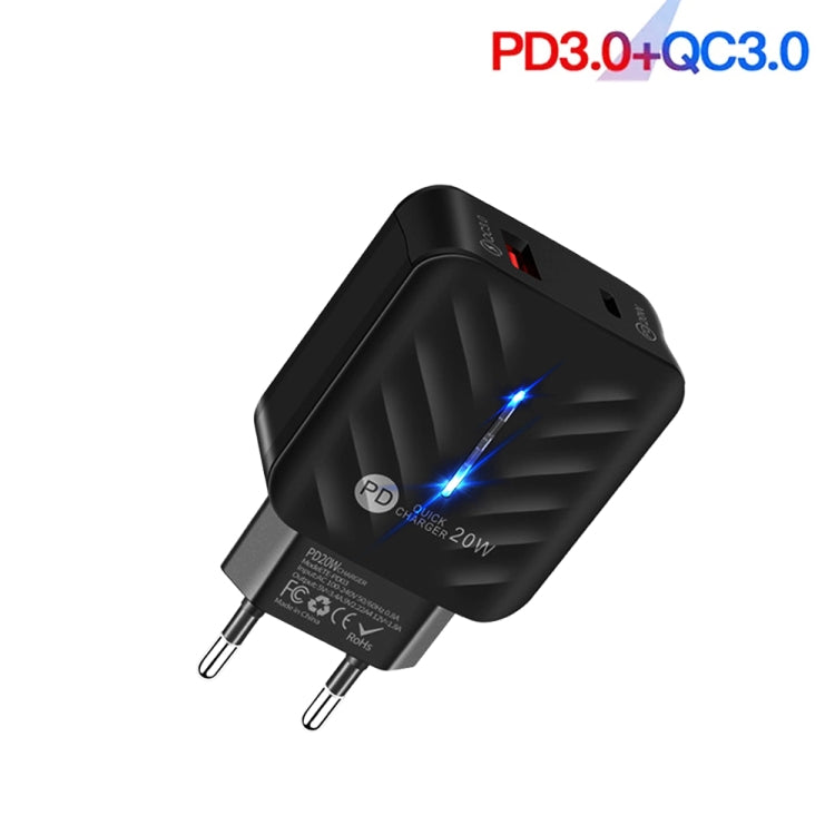 PD03 20W Type-C + QC3.0 USB Charger with Indicator Light, EU Plug(Black) - Apple Accessories by buy2fix | Online Shopping UK | buy2fix