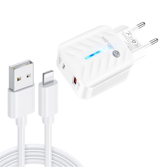 PD03 20W PD3.0 + QC3.0 USB Charger with USB to 8 Pin Data Cable, EU Plug(White) - Apple Accessories by buy2fix | Online Shopping UK | buy2fix