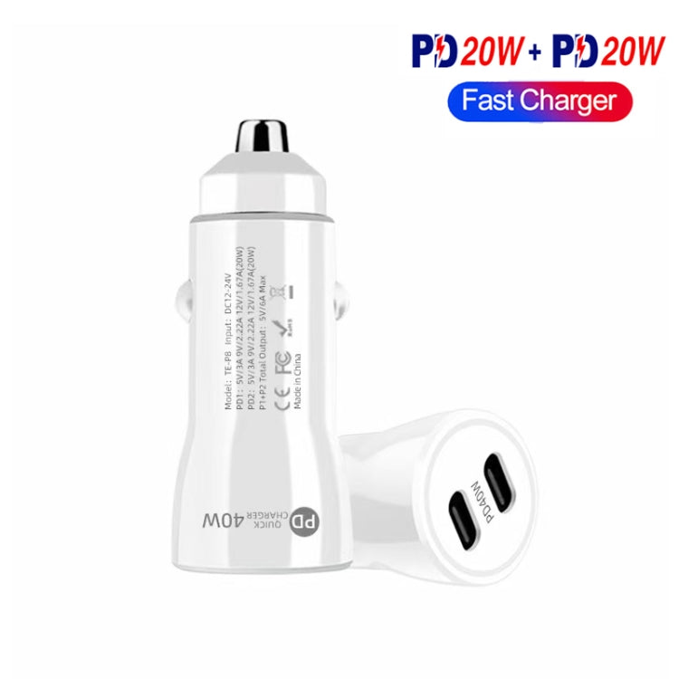 TE-P8 40W PD20W + PD20W Dual Port PD3.0 Car Charger with Type-c to Type-C Data Cable, Length: 1m(White) - In Car by buy2fix | Online Shopping UK | buy2fix