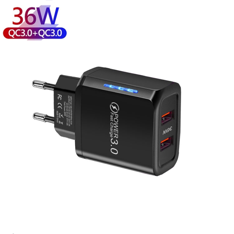 36W Dual Port QC3.0 USB Mobile Phone Charger Dual 18W Output, EU Plug(Black) - Apple Accessories by buy2fix | Online Shopping UK | buy2fix