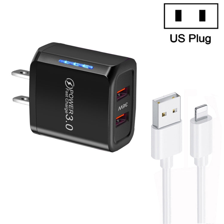 36W Dual Port QC3.0 USB Charger with 3A USB to 8 Pin Data Cable, US Plug(Black) - Apple Accessories by buy2fix | Online Shopping UK | buy2fix