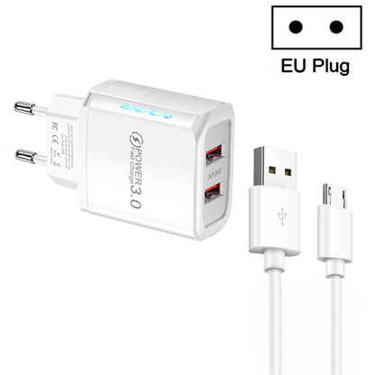 36W Dual Port QC3.0 USB Charger with 3A USB to Micro USB Data Cable, EU Plug(White) - Mobile Accessories by buy2fix | Online Shopping UK | buy2fix