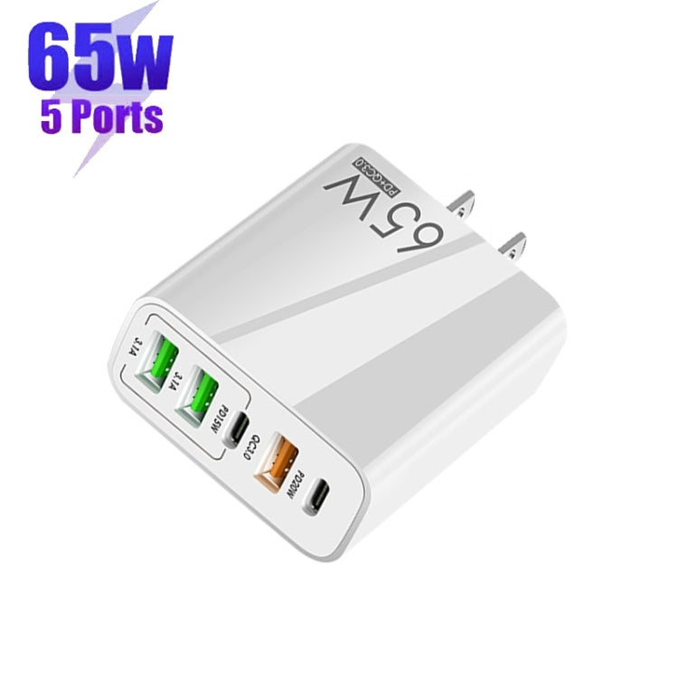 65W Dual PD Type-C + 3 x USB Multi Port Charger with 3A Type-C to 8 Pin Data Cable, US Plug(White) - USB Charger by buy2fix | Online Shopping UK | buy2fix