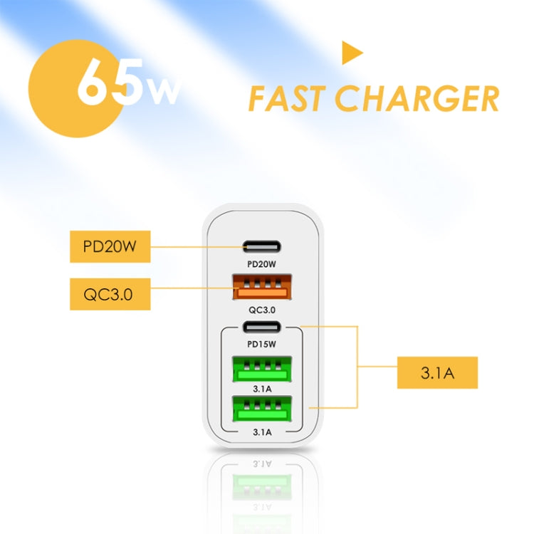 65W Dual PD Type-C + 3 x USB Multi Port Charger with 3A Type-C to 8 Pin Data Cable, US Plug(White) - USB Charger by buy2fix | Online Shopping UK | buy2fix