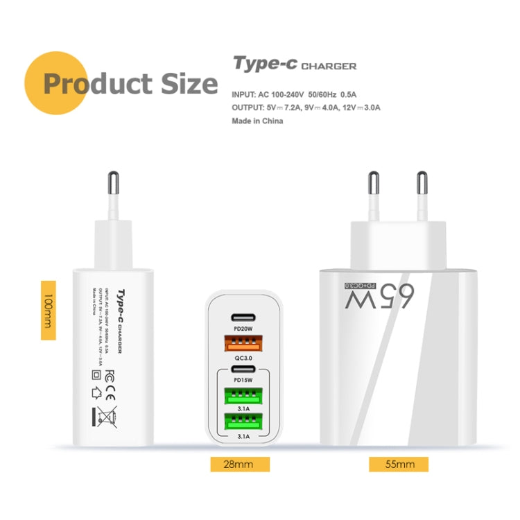 65W Dual PD Type-C + 3 x USB Multi Port Charger with 3A Type-C to 8 Pin Data Cable, US Plug(White) - USB Charger by buy2fix | Online Shopping UK | buy2fix