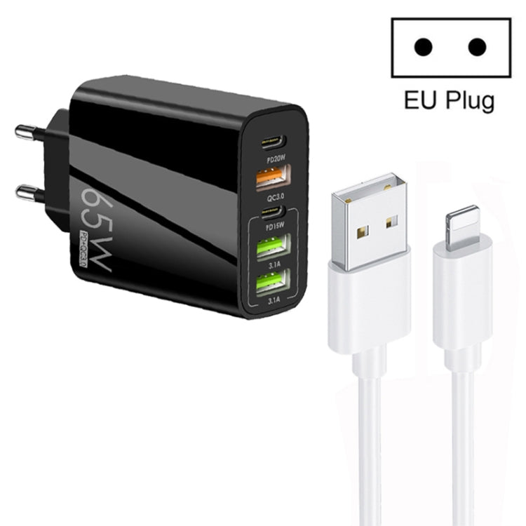 65W Dual PD Type-C + 3 x USB Multi Port Charger with 3A USB to 8 Pin Data Cable, EU Plug(Black) - USB Charger by buy2fix | Online Shopping UK | buy2fix