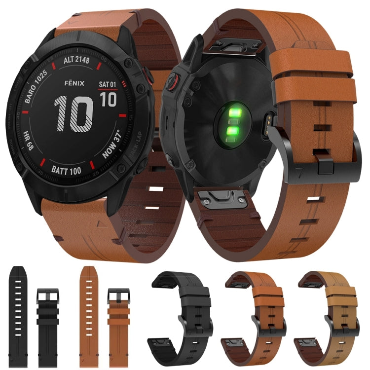 For Garmin Fenix 6X Sapphire 26mm Leather Steel Buckle Watch Band(Brown) - Watch Bands by buy2fix | Online Shopping UK | buy2fix