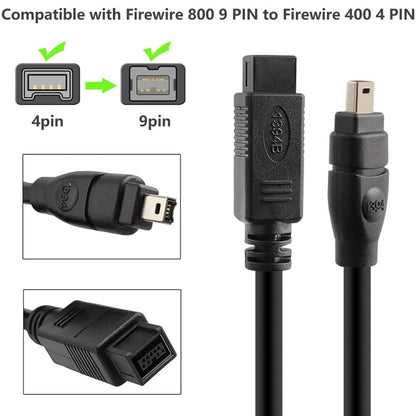 JUNSUNMAY FireWire High Speed Premium DV 800 9 Pin Male To FireWire 400 4 Pin Male IEEE 1394 Cable, Length:3m - 1394 Series by JUNSUNMAY | Online Shopping UK | buy2fix