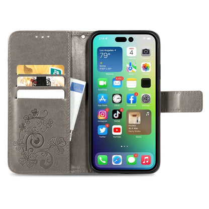 For iPhone 15 Four-leaf Clasp Embossed Buckle Leather Phone Case(Gray) - iPhone 15 Cases by buy2fix | Online Shopping UK | buy2fix