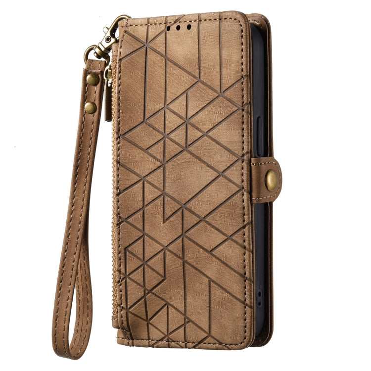 For iPhone 15 Plus Geometric Zipper Wallet Side Buckle Leather Phone Case(Brown) - iPhone 15 Plus Cases by buy2fix | Online Shopping UK | buy2fix