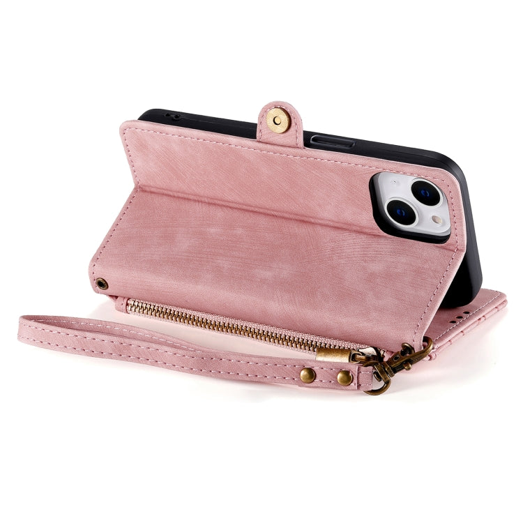 For iPhone 15 Plus Geometric Zipper Wallet Side Buckle Leather Phone Case(Pink) - iPhone 15 Plus Cases by buy2fix | Online Shopping UK | buy2fix