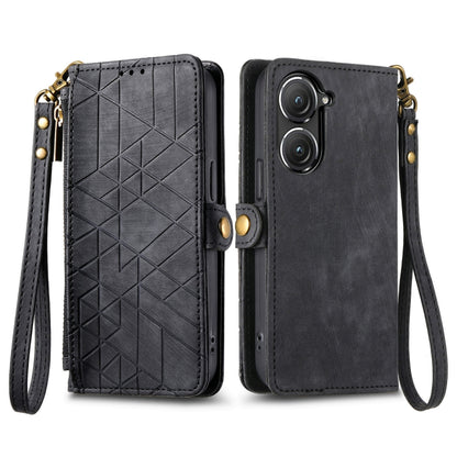 For ASUS Zenfone 9 Geometric Zipper Wallet Side Buckle Leather Phone Case(Black) - ASUS Cases by buy2fix | Online Shopping UK | buy2fix