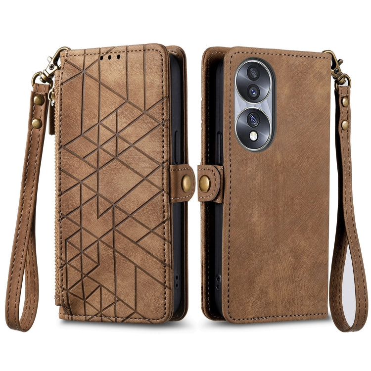 For Honor 60 Geometric Zipper Wallet Side Buckle Leather Phone Case(Brown) - Honor Cases by buy2fix | Online Shopping UK | buy2fix