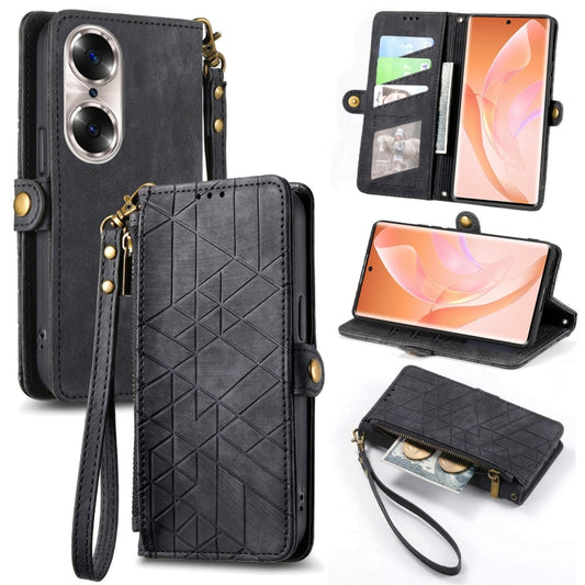 For Honor 60 Pro Geometric Zipper Wallet Side Buckle Leather Phone Case(Black) - Honor Cases by buy2fix | Online Shopping UK | buy2fix