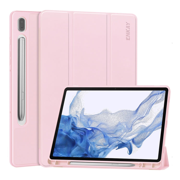 For Samsung Galaxy Tab S9 ENKAY Tri-fold Custer Leather TPU Bottom Smart Case with Pen Slot(Pink) - Galaxy Tab S9 Cases by ENKAY | Online Shopping UK | buy2fix