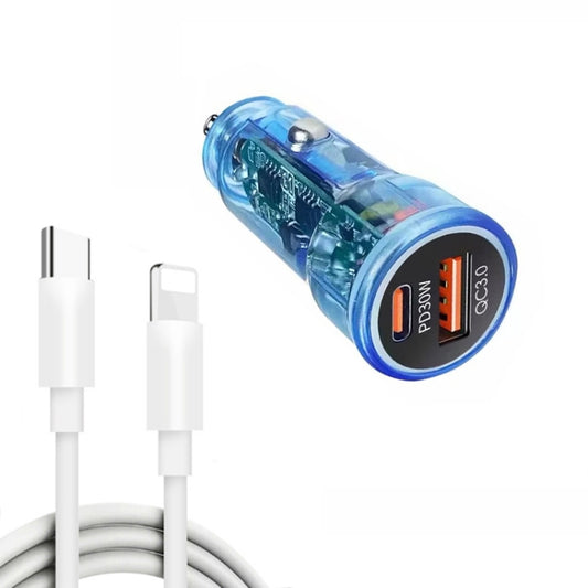 P35 48W PD30W + QC3.0 18W USB Transparent Car Charger with Type-C to 8 Pin Phone Data Cable(Transparent Blue) - Car Charger by buy2fix | Online Shopping UK | buy2fix