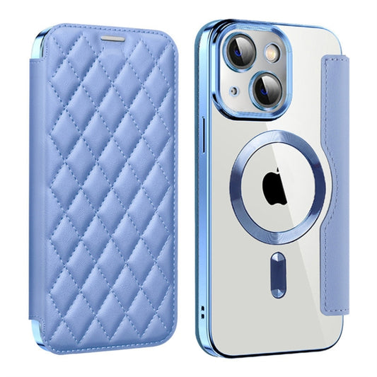 For iPhone 15 Shield Magsafe RFID Anti-theft Rhombus Leather Phone Case(Blue) - iPhone 15 Cases by buy2fix | Online Shopping UK | buy2fix