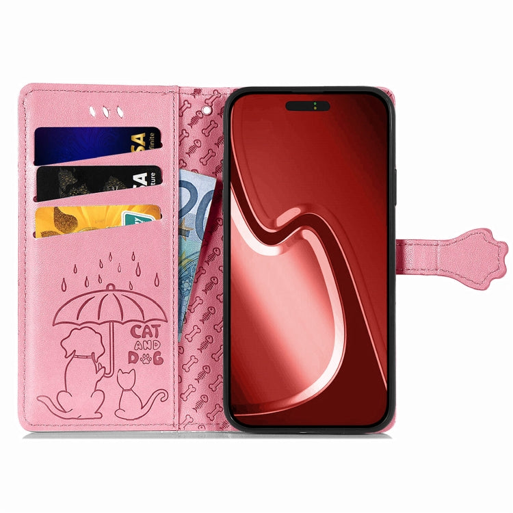 For iPhone 15 Pro Max Cat and Dog Embossed Leather Phone Case(Pink) - iPhone 15 Pro Max Cases by buy2fix | Online Shopping UK | buy2fix