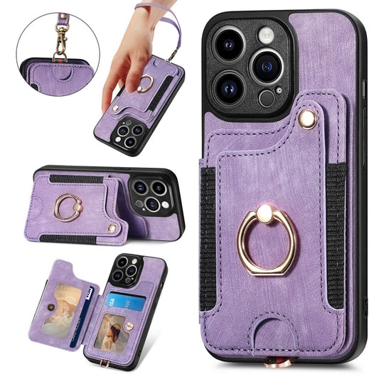 For iPhone 15 Pro Max Retro Skin-feel Ring Multi-card Wallet Phone Case(Purple) - iPhone 15 Pro Max Cases by buy2fix | Online Shopping UK | buy2fix