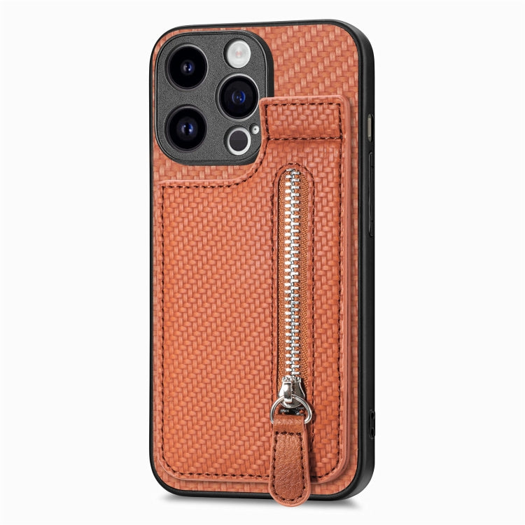 For iPhone 15 Pro Max Carbon Fiber Vertical Flip Zipper Phone Case(Brown) - iPhone 15 Pro Max Cases by buy2fix | Online Shopping UK | buy2fix