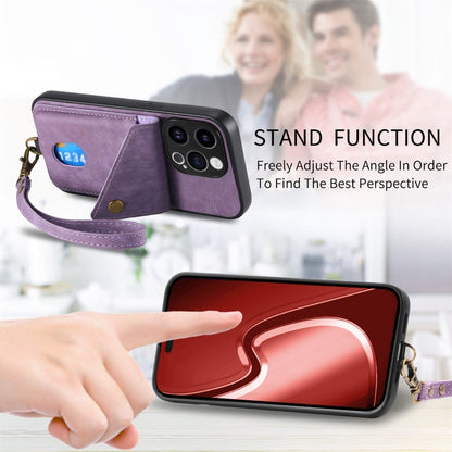 For iPhone 15 Pro Max Retro Card Wallet Fold Leather Phone Case with Strap(Purple) - iPhone 15 Pro Max Cases by buy2fix | Online Shopping UK | buy2fix