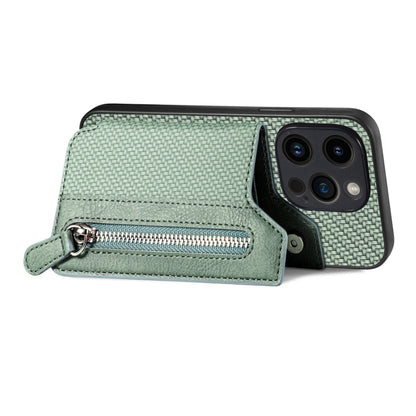 For iPhone 15 Pro Max Carbon Fiber Horizontal Flip Zipper Wallet Phone Case(Green) - iPhone 15 Pro Max Cases by buy2fix | Online Shopping UK | buy2fix