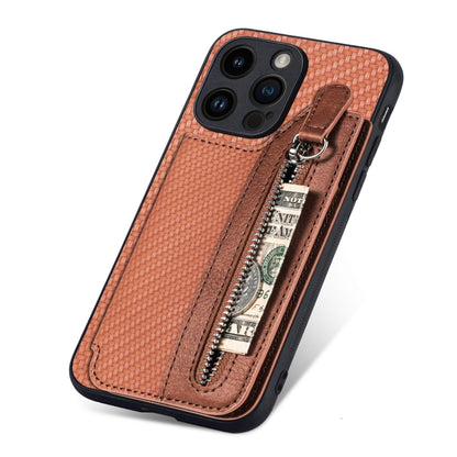 For iPhone 15 Pro Max Carbon Fiber Horizontal Flip Zipper Wallet Phone Case(Brown) - iPhone 15 Pro Max Cases by buy2fix | Online Shopping UK | buy2fix