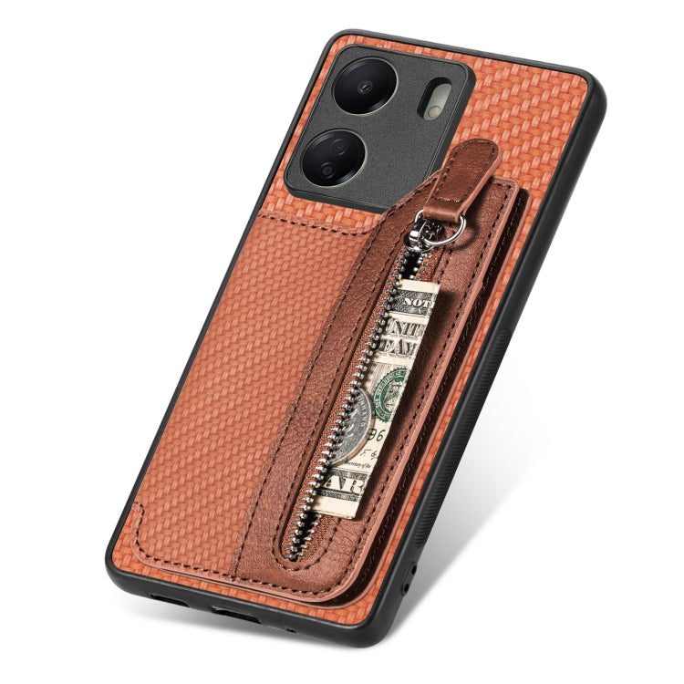 For Xiaomi  Redmi 13C Carbon Fiber Flip Zipper Wallet Phone Case(Brown) - 13C Cases by buy2fix | Online Shopping UK | buy2fix