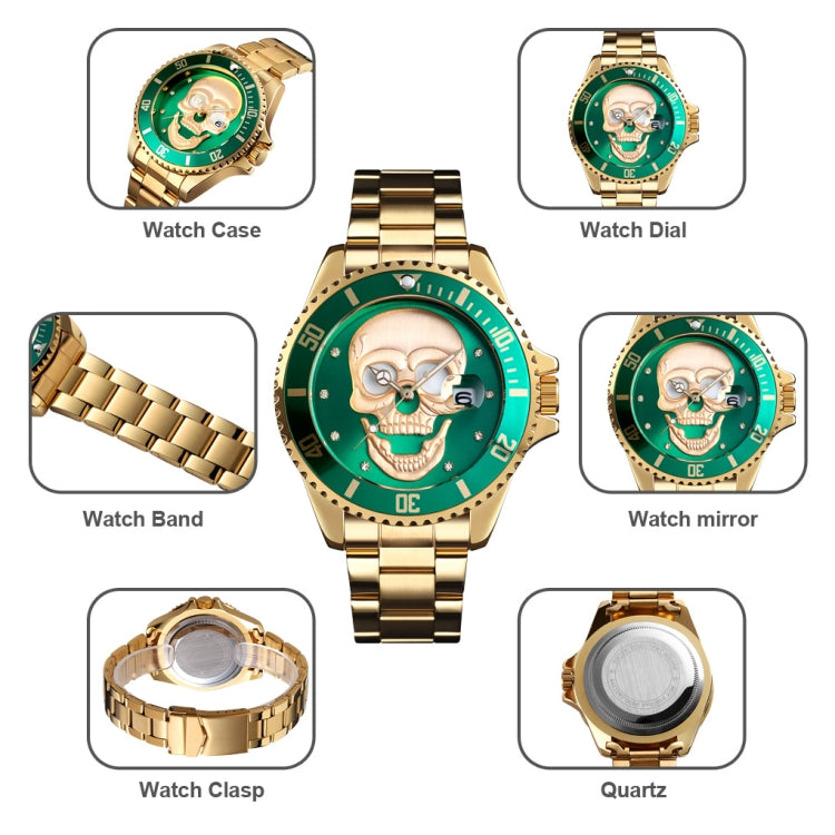 SKMEI 9195 Fashion Water-inlaid Drill Skull Nightlight Waterproof Quartz Watch Steel Strip Watch for Men(Golden Blue) - Other Watches by SKMEI | Online Shopping UK | buy2fix