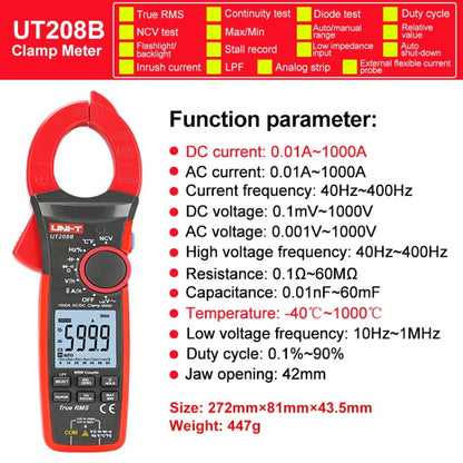 UNI-T UT208B 1000A 42mm Jaw Size Digital Clamp Meter AC DC Voltage Detector - Consumer Electronics by UNI-T | Online Shopping UK | buy2fix