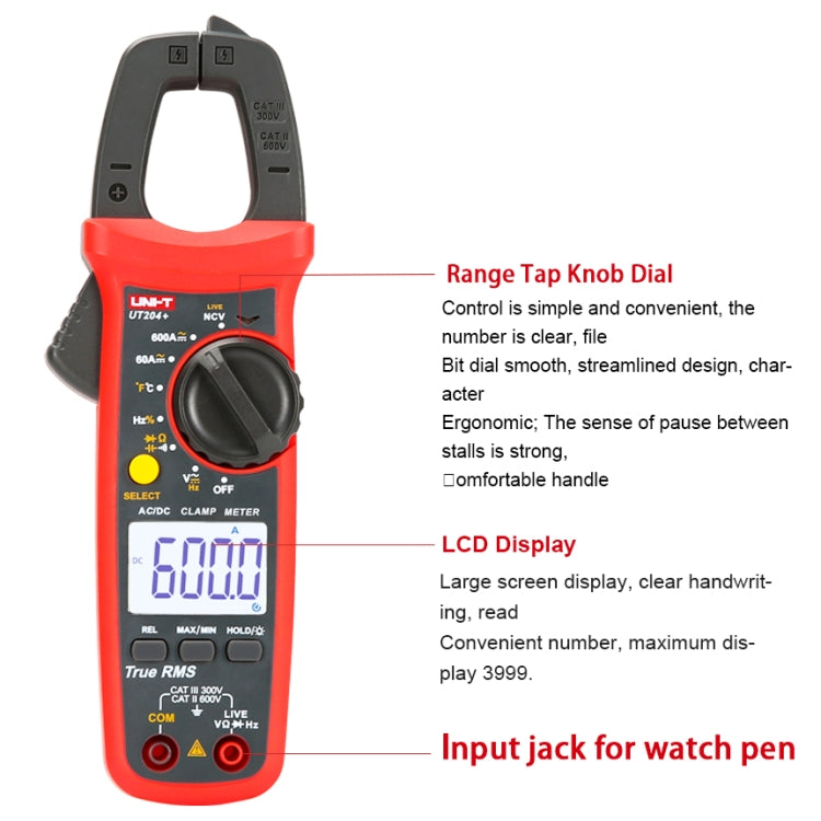 UNI-T  UT204+ 600A  Digital Clamp Meter AC DC Voltage Detector - Digital Multimeter by UNI-T | Online Shopping UK | buy2fix