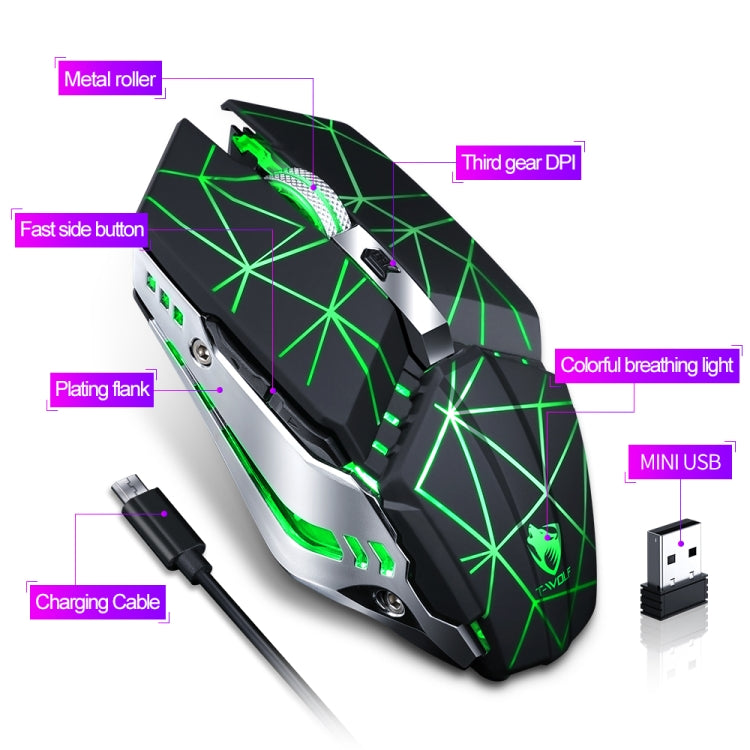 T-WOLF Q15 6-Buttons 1600 DPI Wireless Rechargeable Mute Office Gaming Mouse with 7 Color Breathing Light( Stars Black) - Wireless Mice by T-WOLF | Online Shopping UK | buy2fix