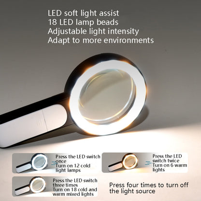 30 Times 18 LED Cool Warm Light HD Elderly Reading Repair Glass Magnifier(Black White) - Hand Held Style by buy2fix | Online Shopping UK | buy2fix