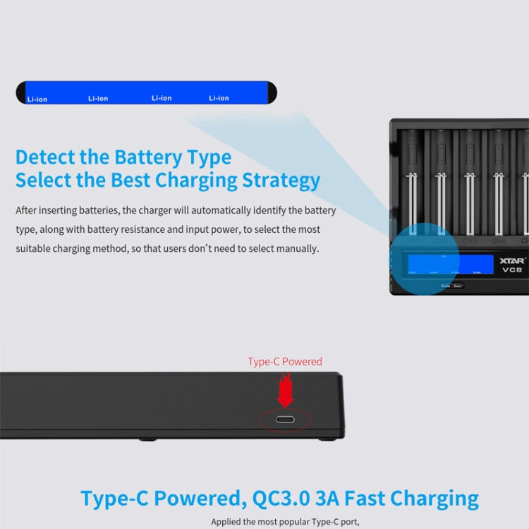 XTAR 8-Slot Battery Charger LCD Display Charger QC3.0 Type C Fast Charger for 21700 / 18650 Battery, Model: VC8 - Consumer Electronics by XTAR | Online Shopping UK | buy2fix