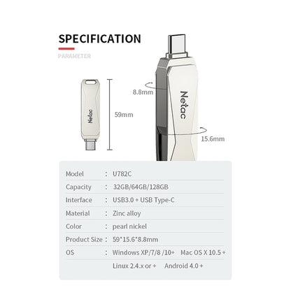 Netac U782C Type-C Dual Interface High-Speed Metal Computer USB Flash Drive, Capacity: 128GB - USB Flash Drives by Netac | Online Shopping UK | buy2fix