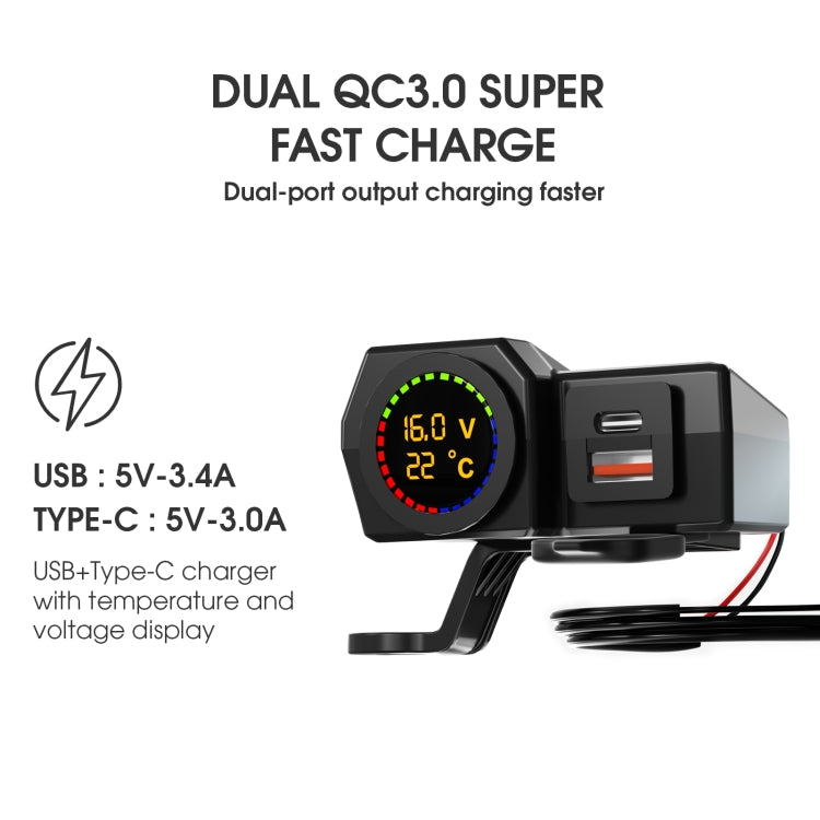 WUPP CS-1747A2 Motorcycle Voltage Temperature Digital Display USB+Type-C Phone Charger - In Car by WUPP | Online Shopping UK | buy2fix