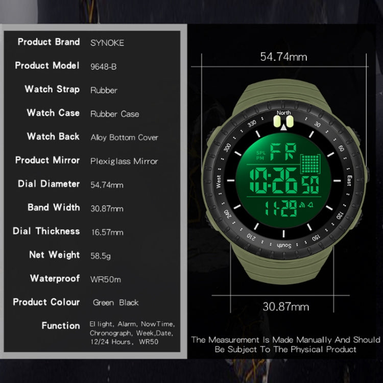 SYNOKE 9648-B Men Outdoor Waterproof Luminous Sports Electronic Watch(Green) - LED Digital Watches by SYNOKE | Online Shopping UK | buy2fix
