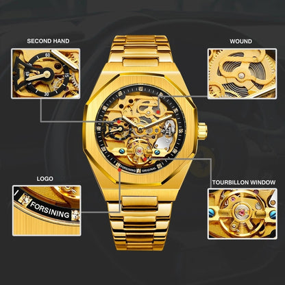 FORSINING F980 Luminous Three Eye Six Shot Weekly Steel Belt Men Fully Automatic Mechanical Watch(Gold Belt Black Face) - Metal Strap Watches by FORSINING | Online Shopping UK | buy2fix