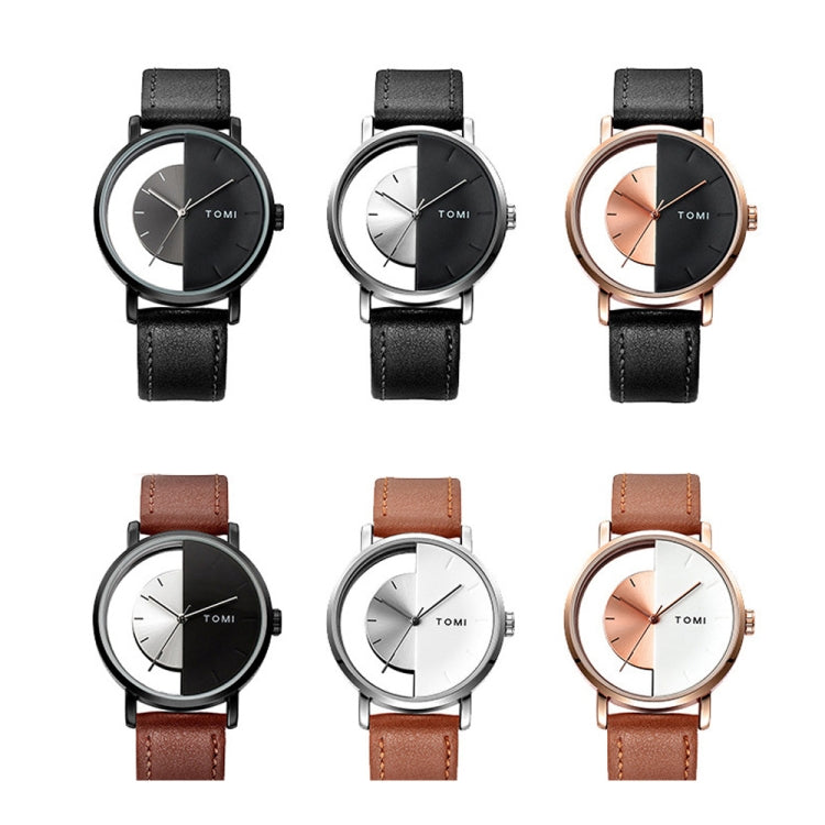 TOMI T080 Hollow Design Half See-through Unisex Quartz Watch(Black White Face Brown Strap) - Leather Strap Watches by buy2fix | Online Shopping UK | buy2fix