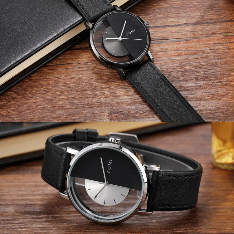 TOMI T080 Hollow Design Half See-through Unisex Quartz Watch(Black White Face Brown Strap) - Leather Strap Watches by buy2fix | Online Shopping UK | buy2fix
