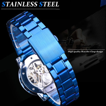 Winner Leisure Skeleton Diamond Luminous Pointer Watch Men Manual Mechanical Watch(Blue Belt Silver Shell Blue Face) - Metal Strap Watches by Winner | Online Shopping UK | buy2fix